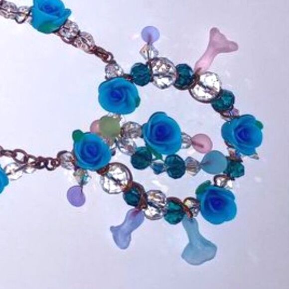 Blue Roses necklace polymer clay wire wrapped copper ! Created By Me Victoria B - Picture 1 of 3